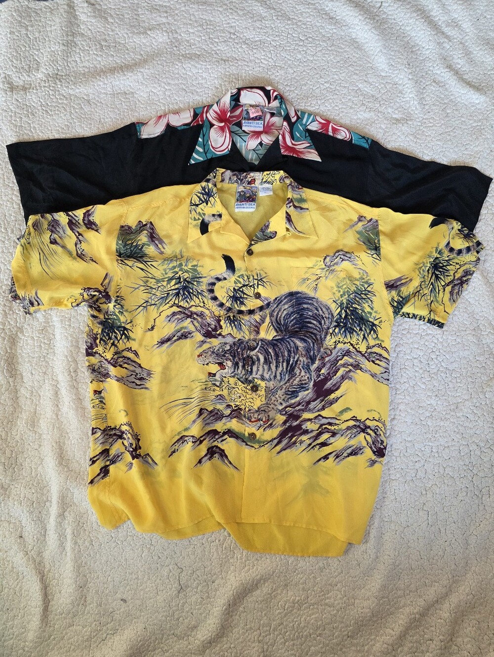 Lot of 2 Avanti Silk Hawaiian Shirts XXL Yellow Tiger Black Hula Girl Aloha